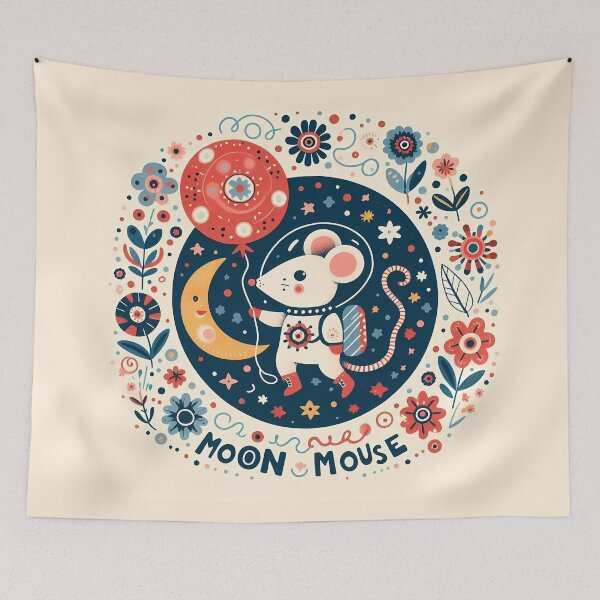 Item preview, Whimsical Moon Mouse - Playful Night Sky Floral - Scandinavian Folk Art by heidiannemorris © designed and sold by FOLK ART FUSION by heidiannemorris.