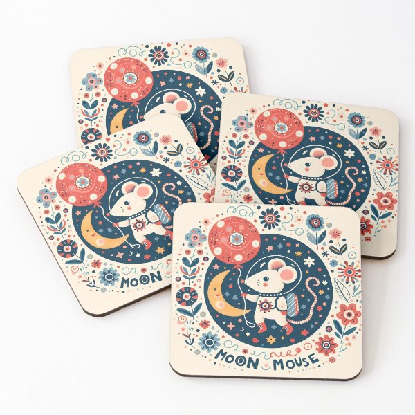 Item preview, Whimsical Moon Mouse - Playful Night Sky Floral - Scandinavian Folk Art by heidiannemorris © designed and sold by FOLK ART FUSION by heidiannemorris.