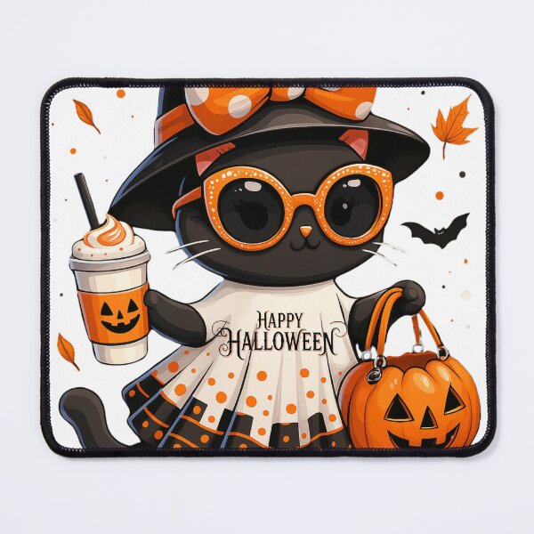 Item preview, Halloween Kawaii Cat – Witch Cat with Pumpkin and Autumn Leaves designed and sold by kenavoArts.