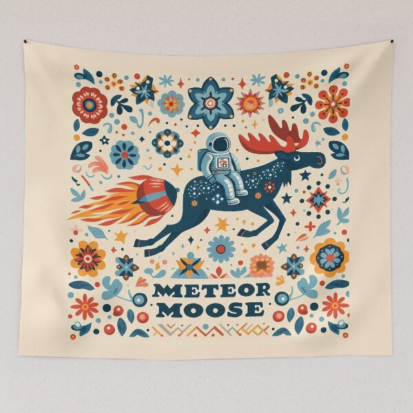 Item preview, Adventurous Meteor Moose - Rocket Ride in Starry Space - Scandinavian Folk Art by heidiannemorris © designed and sold by FOLK ART FUSION by heidiannemorris.