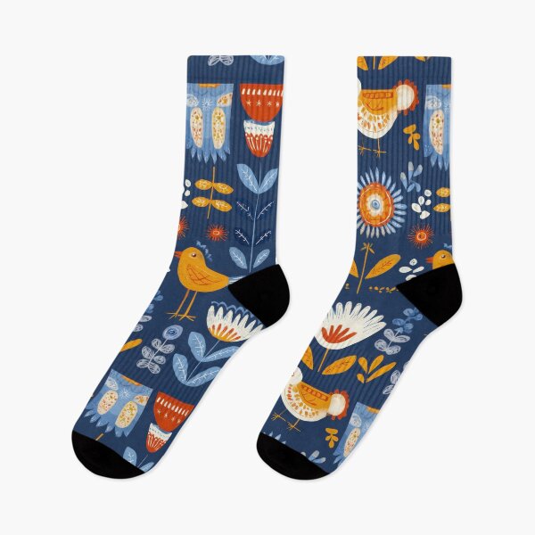 Item preview, Scandinavian Folk Art Birds and Flowers on Navy (Seamless Pattern) designed and sold by dawnleblanc55.