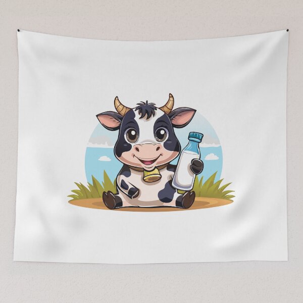 Item preview, Cartoon happy calf holding a bottle of milk, Cheerful cow with a bottle of milk, Farm, cow with horns watching you curiously, Farming cattle animal, sketch for milk diary and beef products designed and sold by Danler.
