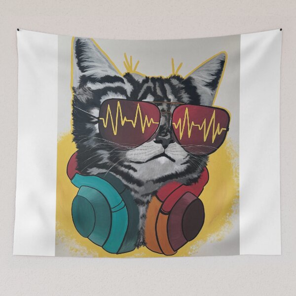 Item preview, Cool Colourful Cat with Headphones and Glasses – Funky DJ Cat Art designed and sold by RANG ART.