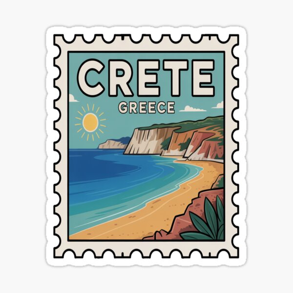 Vista previa del artículo con la obra «Pegatina de sello postal "Playa Paraíso" de Creta, Grecia», diseñado y vendido por stickercuffs.