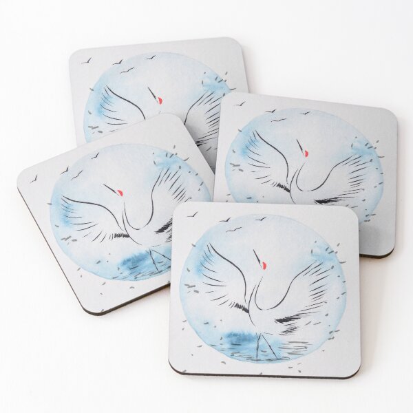 Item preview, Single Crane in Water with Seagulls | Japanese Red-Crowned Crane Watercolor Line Drawing designed and sold by AngelaMarieArt.