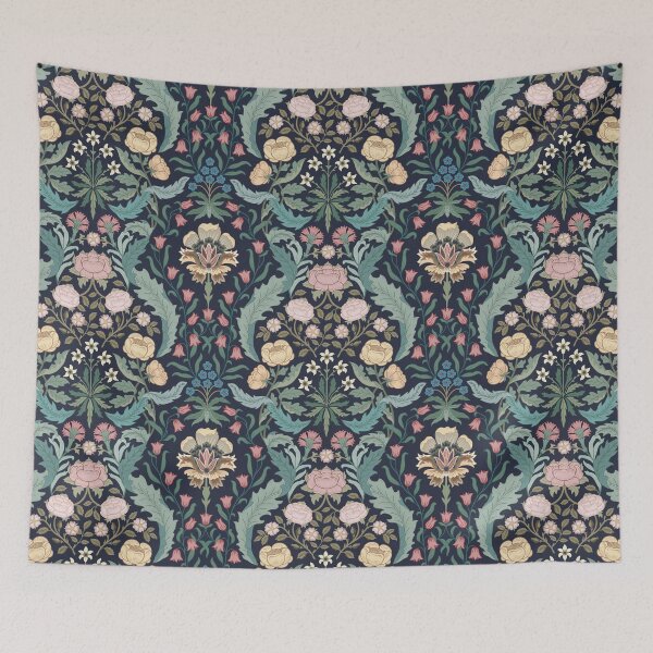 Item preview, Victorian era floral with roses carnations forget me nots on deep navy designed and sold by misentangled.