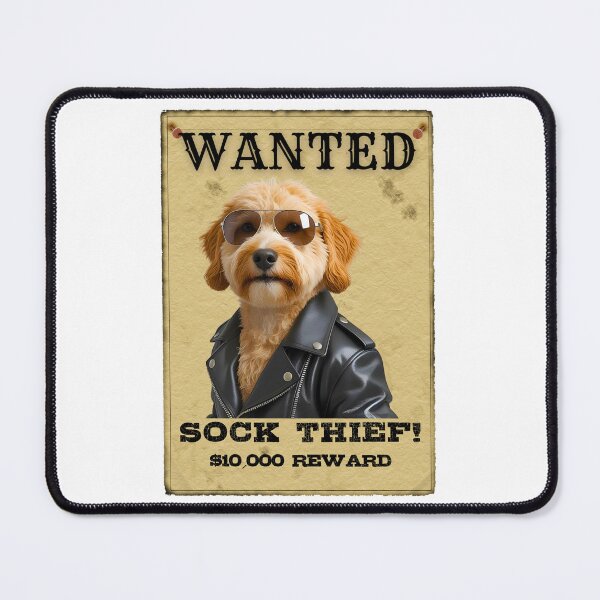 Item preview, Funny Mini Goldendoodle WANTED Poster – Cool Sunglasses & Leather Jacket Sock Thief designed and sold by Fredster1966.