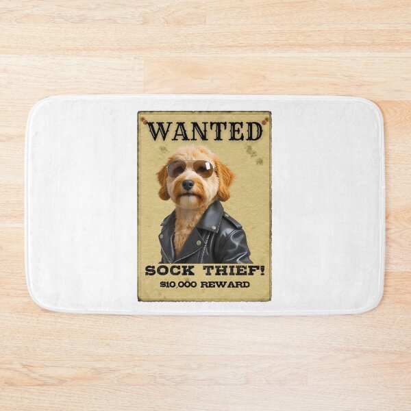 Item preview, Funny Mini Goldendoodle WANTED Poster – Cool Sunglasses & Leather Jacket Sock Thief designed and sold by Fredster1966.