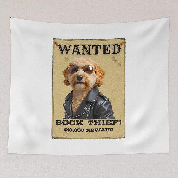 Item preview, Funny Mini Goldendoodle WANTED Poster – Cool Sunglasses & Leather Jacket Sock Thief designed and sold by Fredster1966.