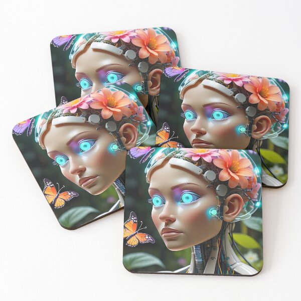 Item preview, Cyberpunk Butterfly Android - Futuristic Woman Robot with Floral Crown Art designed and sold by CreativeCorez.