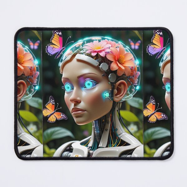 Item preview, Cyberpunk Butterfly Android - Futuristic Woman Robot with Floral Crown Art designed and sold by CreativeCorez.