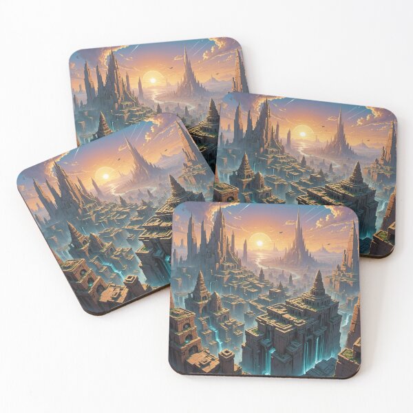 Item preview, Futuristic Ancient City of Towers and Waterfalls at Sunset designed and sold by Uniquely Yours.