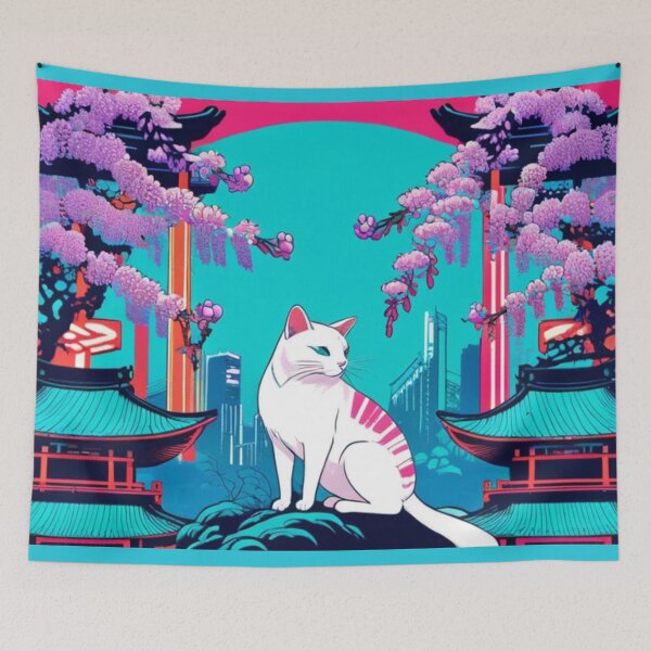 Item preview, Urban Sakura Cat – White Feline in Neon Japanese Temple City designed and sold by LEO'S CREATURE　れおずくりーちゃー.