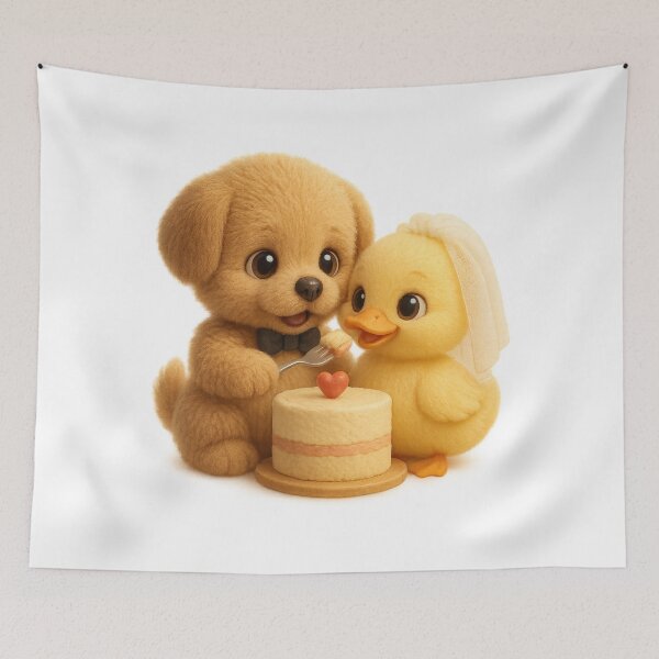 Item preview, Puppy Groom & Duckling Bride sharing a wedding cake designed and sold by Moons Studio.