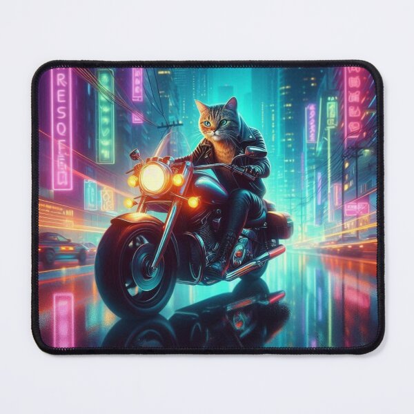 Item preview, a cat riding a motorcycle in the city at night designed and sold by Dogandesighn.