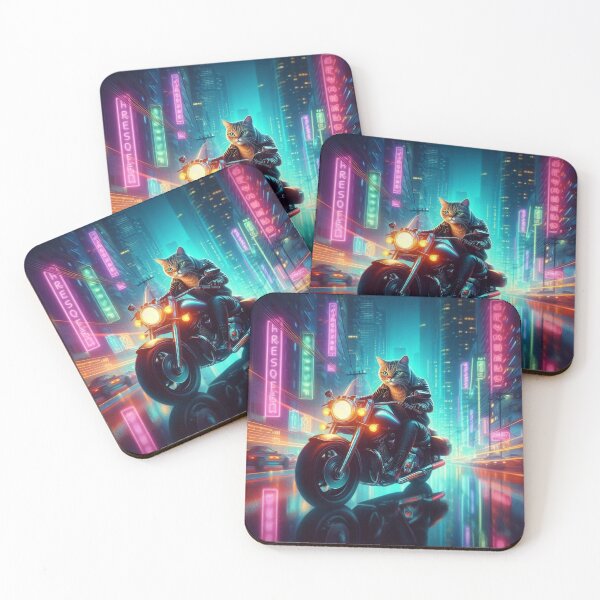 Item preview, a cat riding a motorcycle in the city at night designed and sold by Dogandesighn.