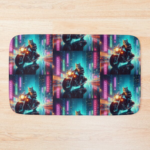 Item preview, a cat riding a motorcycle in the city at night designed and sold by Dogandesighn.