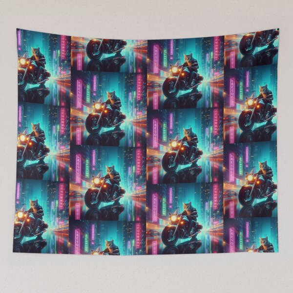 Item preview, a cat riding a motorcycle in the city at night designed and sold by Dogandesighn.