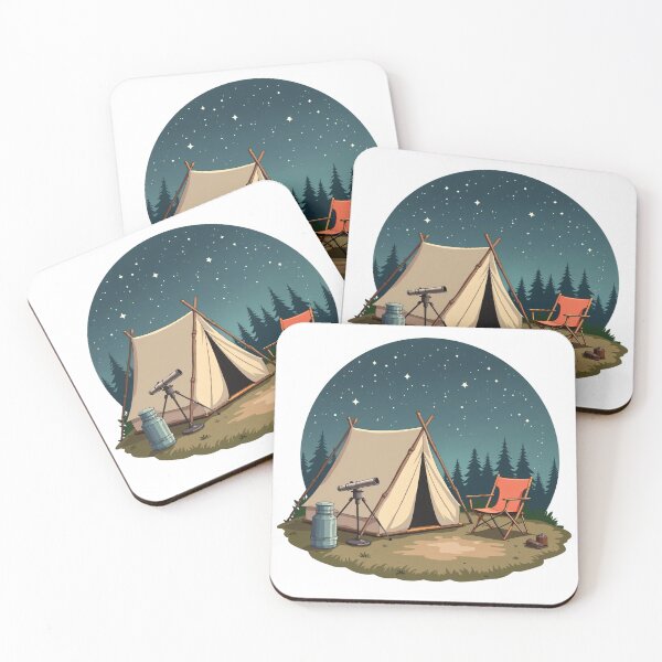 Item preview, Peaceful Camping Tent with Telescope and Chair Under Starry Night Sky in Pine Forest Illustration designed and sold by Mimoshi ⭐⭐⭐⭐⭐.