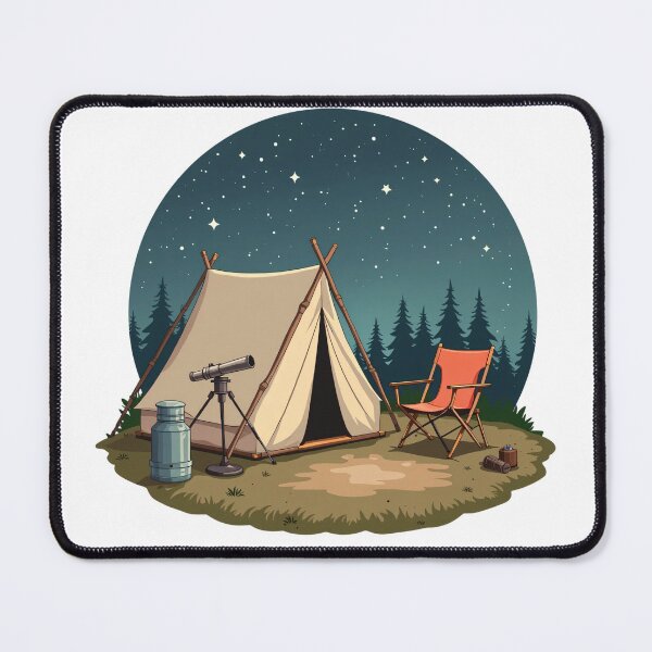 Item preview, Peaceful Camping Tent with Telescope and Chair Under Starry Night Sky in Pine Forest Illustration designed and sold by Mimoshi ⭐⭐⭐⭐⭐.