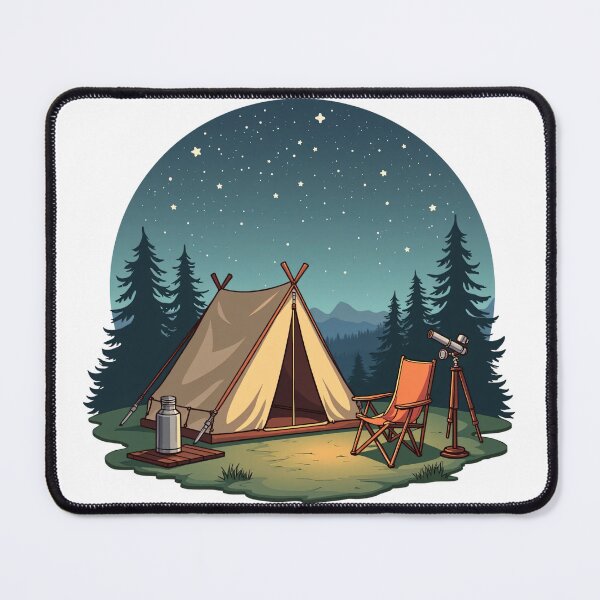 Item preview, Cozy Night Camping Tent Under Starry Sky with Chair and Telescope in Pine Forest Illustration designed and sold by Mimoshi ⭐⭐⭐⭐⭐.
