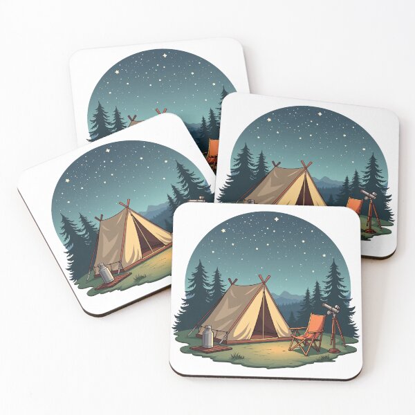 Item preview, Cozy Night Camping Tent Under Starry Sky with Chair and Telescope in Pine Forest Illustration designed and sold by Mimoshi ⭐⭐⭐⭐⭐.