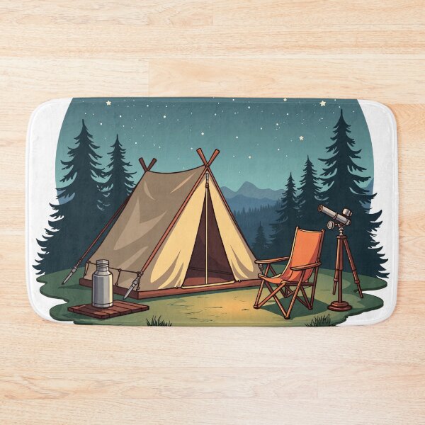 Item preview, Cozy Night Camping Tent Under Starry Sky with Chair and Telescope in Pine Forest Illustration designed and sold by Mimoshi ⭐⭐⭐⭐⭐.