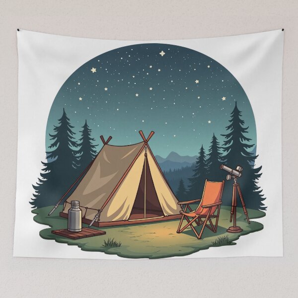 Item preview, Cozy Night Camping Tent Under Starry Sky with Chair and Telescope in Pine Forest Illustration designed and sold by Mimoshi ⭐⭐⭐⭐⭐.