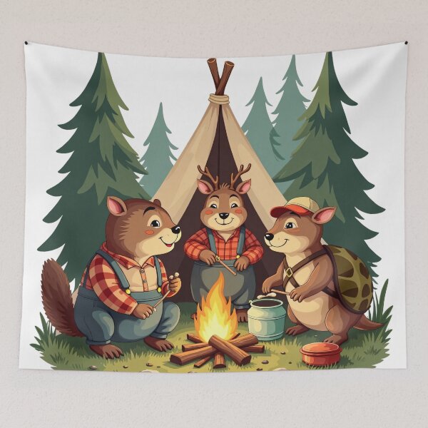 Item preview, Cute Forest Animals Camping Together Around Campfire in Front of Tent Illustration designed and sold by Mimoshi ⭐⭐⭐⭐⭐.