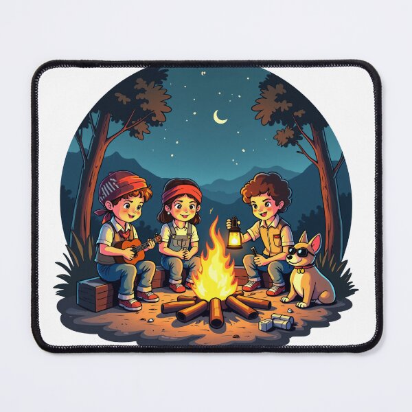 Item preview, Summer Night Camping with Kids Playing Guitar and Holding Lantern Around Campfire Illustration designed and sold by Mimoshi ⭐⭐⭐⭐⭐.