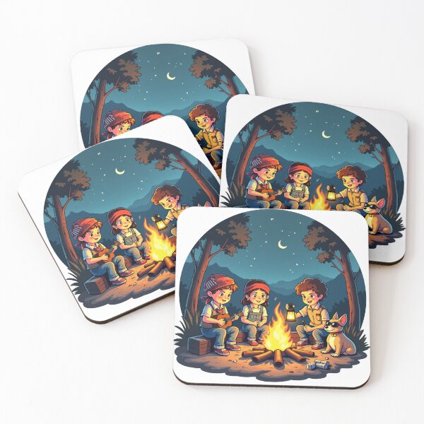 Item preview, Summer Night Camping with Kids Playing Guitar and Holding Lantern Around Campfire Illustration designed and sold by Mimoshi ⭐⭐⭐⭐⭐.