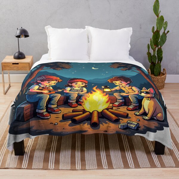 Item preview, Summer Night Camping with Kids Playing Guitar and Holding Lantern Around Campfire Illustration designed and sold by Mimoshi ⭐⭐⭐⭐⭐.