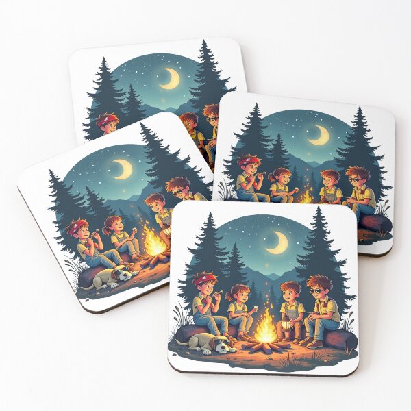 Item preview, Summer Night Camping with Happy Kids Playing Music and Roasting Marshmallows Around Campfire Illustration designed and sold by Mimoshi ⭐⭐⭐⭐⭐.
