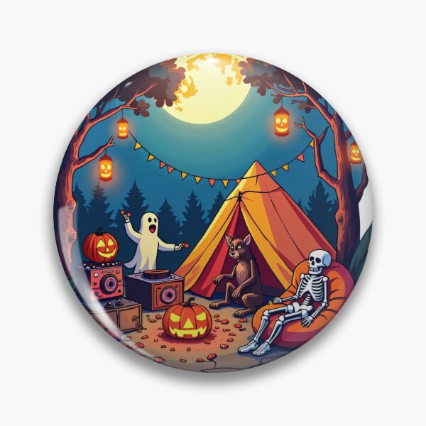 Item preview, Halloween Night Camping with Skeleton, Ghost, Werewolf, and Pumpkin Lanterns Under Glowing Full Moon Illustration designed and sold by Mimoshi ⭐⭐⭐⭐⭐.