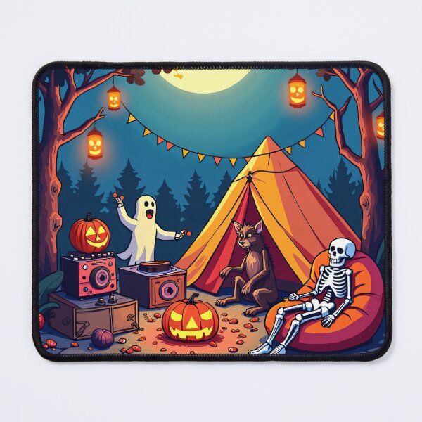 Item preview, Halloween Night Camping with Skeleton, Ghost, Werewolf, and Pumpkin Lanterns Under Glowing Full Moon Illustration designed and sold by Mimoshi ⭐⭐⭐⭐⭐.