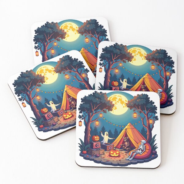 Item preview, Halloween Night Camping with Skeleton, Ghost, Werewolf, and Pumpkin Lanterns Under Glowing Full Moon Illustration designed and sold by Mimoshi ⭐⭐⭐⭐⭐.