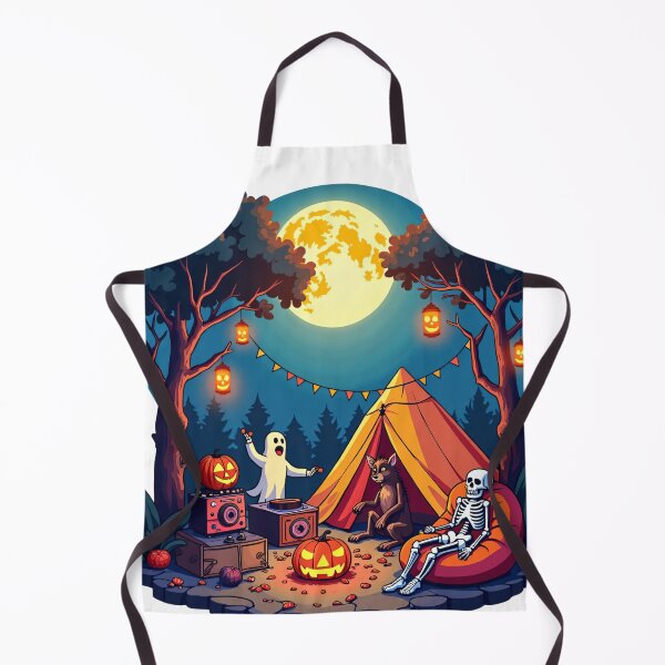 Item preview, Halloween Night Camping with Skeleton, Ghost, Werewolf, and Pumpkin Lanterns Under Glowing Full Moon Illustration designed and sold by Mimoshi ⭐⭐⭐⭐⭐.