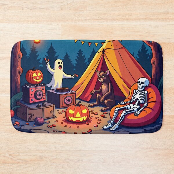Item preview, Halloween Night Camping with Skeleton, Ghost, Werewolf, and Pumpkin Lanterns Under Glowing Full Moon Illustration designed and sold by Mimoshi ⭐⭐⭐⭐⭐.