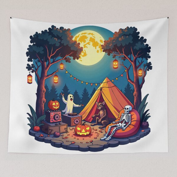 Item preview, Halloween Night Camping with Skeleton, Ghost, Werewolf, and Pumpkin Lanterns Under Glowing Full Moon Illustration designed and sold by Mimoshi ⭐⭐⭐⭐⭐.