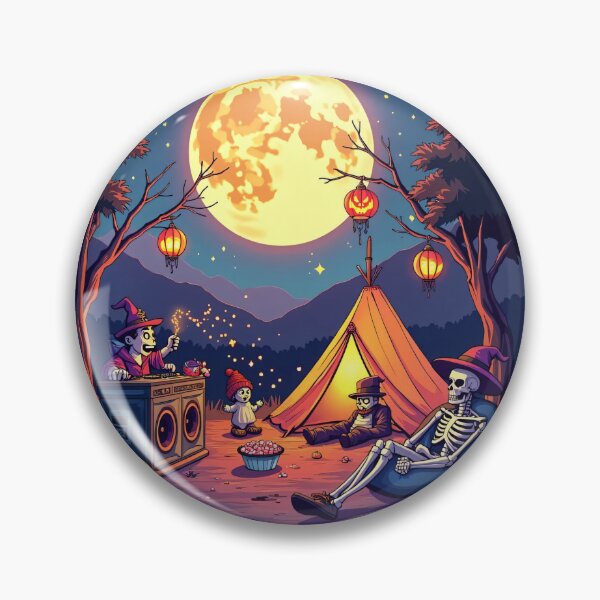 Item preview, Halloween Night Camping with Skeleton Friends, Witch DJ, and Lanterns Under Glowing Full Moon Illustration designed and sold by Mimoshi ⭐⭐⭐⭐⭐.