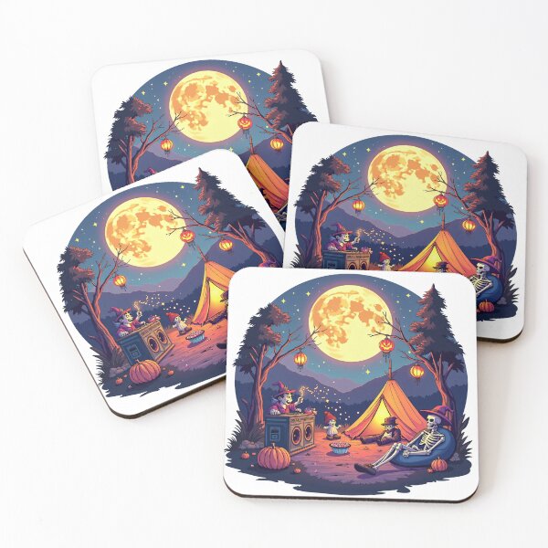 Item preview, Halloween Night Camping with Skeleton Friends, Witch DJ, and Lanterns Under Glowing Full Moon Illustration designed and sold by Mimoshi ⭐⭐⭐⭐⭐.