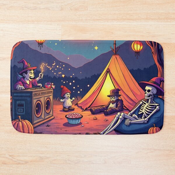 Item preview, Halloween Night Camping with Skeleton Friends, Witch DJ, and Lanterns Under Glowing Full Moon Illustration designed and sold by Mimoshi ⭐⭐⭐⭐⭐.