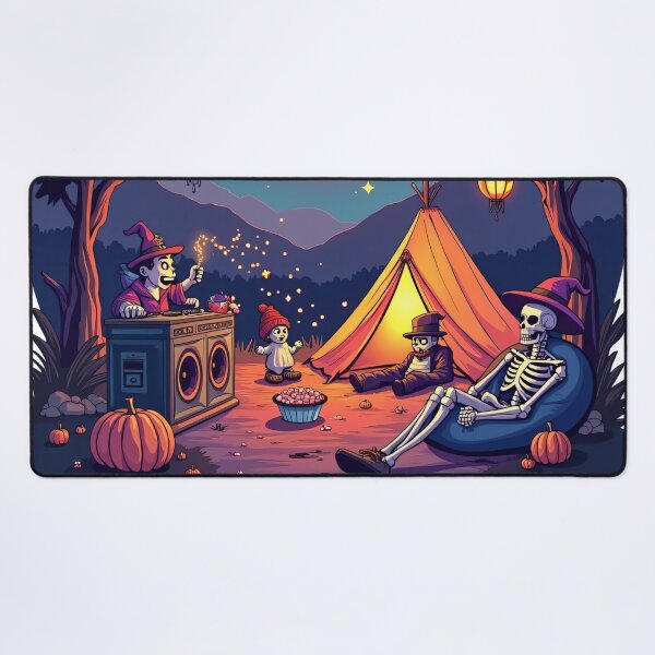 Item preview, Halloween Night Camping with Skeleton Friends, Witch DJ, and Lanterns Under Glowing Full Moon Illustration designed and sold by Mimoshi ⭐⭐⭐⭐⭐.