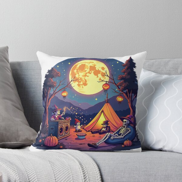 Item preview, Halloween Night Camping with Skeleton Friends, Witch DJ, and Lanterns Under Glowing Full Moon Illustration designed and sold by Mimoshi ⭐⭐⭐⭐⭐.