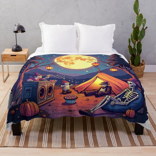 Item preview, Halloween Night Camping with Skeleton Friends, Witch DJ, and Lanterns Under Glowing Full Moon Illustration designed and sold by Mimoshi ⭐⭐⭐⭐⭐.
