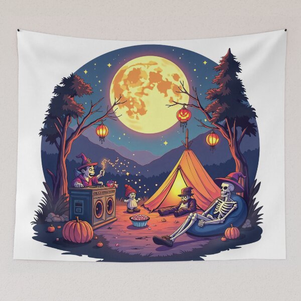 Item preview, Halloween Night Camping with Skeleton Friends, Witch DJ, and Lanterns Under Glowing Full Moon Illustration designed and sold by Mimoshi ⭐⭐⭐⭐⭐.
