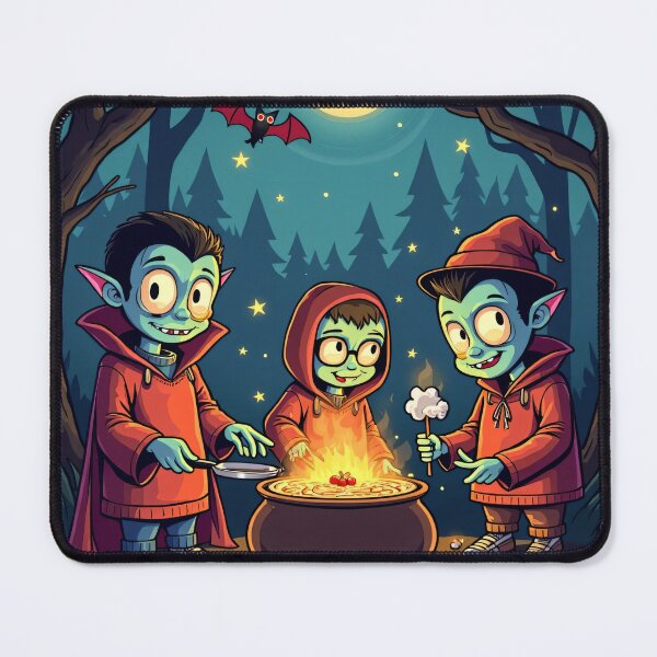 Item preview, Halloween Night Cute Vampires Cooking Over Cauldron with Candy Pumpkins Under Full Moon Illustration designed and sold by Mimoshi ⭐⭐⭐⭐⭐.