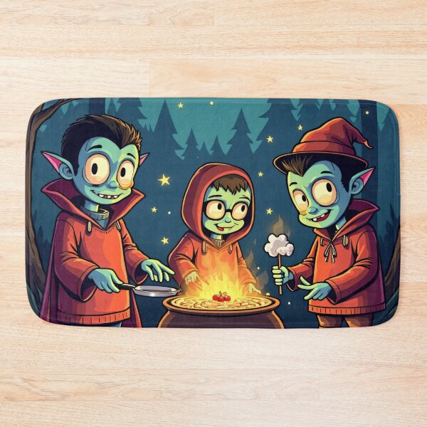 Item preview, Halloween Night Cute Vampires Cooking Over Cauldron with Candy Pumpkins Under Full Moon Illustration designed and sold by Mimoshi ⭐⭐⭐⭐⭐.