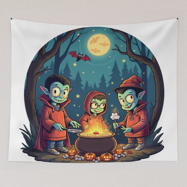 Item preview, Halloween Night Cute Vampires Cooking Over Cauldron with Candy Pumpkins Under Full Moon Illustration designed and sold by Mimoshi ⭐⭐⭐⭐⭐.