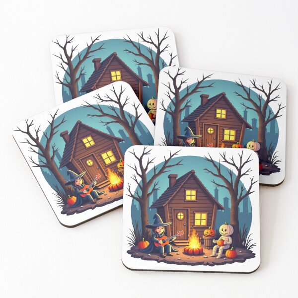 Item preview, Halloween Night Witch Playing Guitar with Pumpkin Head Friend by Cozy Cabin Campfire Illustration designed and sold by Mimoshi ⭐⭐⭐⭐⭐.